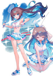  ainy badminton_racket blue_eyes blue_footwear blue_hair blue_nails blue_sailor_collar blush breasts brown_hair closed_eyes colored_inner_hair commentary_request female fingerless_gloves fingernails floating_hair full_body gloves hair_ribbon highres holding long_hair looking_at_viewer medium_breasts midriff miniskirt multicolored_hair multiple_views nail_polish navel open_clothes original outside_border pink_ribbon pink_skirt pleated_skirt ponytail racket ribbon sailor_collar shirt shoes shuttlecock sitting skirt sleeveless sleeveless_shirt smile sneakers socks standing sweat teeth tennis_net thigh_strap two-sided_fabric two-sided_skirt two-tone_hair two-tone_skirt upper_teeth_only very_long_hair wariza white_gloves white_shirt white_skirt white_socks 