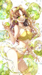  absurdres bikini bow breasts brown_hair commentary_request earrings female food fruit fruit_earrings fruit_hair_ornament green_eyes green_nails hairbow highres holding holding_food holding_fruit jewelry kiwi_(fruit) liquid long_hair medium_breasts midriff nail_polish navel o-ring o-ring_bikini open_mouth original pinapo_25 sideboob smile solo summer swimsuit teeth tongue upper_teeth_only water water_drop white_background yellow_bikini yellow_bow 