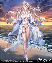  bare_shoulders beach blonde_hair blue_eyes blue_hair bracelet braid breasts cloud cloudy_sky collarbone commentary_request copyright_name cuboon evertale female flower full_body gradient_sky hair_flower hair_ornament highres holding jewelry king_arthur_(evertale) large_breasts logo long_hair long_sleeves looking_at_viewer multicolored_hair navel o-ring o-ring_swimsuit ocean official_art outdoors parted_lips pearl_bracelet sandals see-through shore sky solo stomach sunset swimsuit thigh_strap toeless_footwear toes 