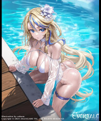  ass blonde_hair blue_eyes blue_hair braid breasts cleavage commentary_request copyright_name cuboon day evertale female flower hair_flower hair_ornament highres king_arthur_(evertale) large_breasts leg_up logo long_hair long_sleeves looking_at_viewer multicolored_hair o-ring o-ring_swimsuit official_art outdoors parted_lips partially_submerged pool poolside see-through shiny_skin solo swimsuit thigh_strap thighs water water_drop wet wet_clothes 