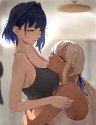  2girls absurdres alternate_costume blue_eyes blue_hair breasts covered_nipples dark-skinned_female dark_skin hair_intakes head_on_chest highres hololive hololive_english hug jingle_bell_earrings large_breasts light_brown_hair long_hair looking_at_another mocomiliano multiple_girls ouro_kronii short_hair sidelocks smile tsukumo_sana twintails virtual_youtuber yellow_eyes yuri 