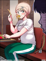  aqua_eyes arrow_(projectile) beanie black_hair blonde_hair blush bow_(weapon) breasts commentary_request crumbs elf-san_wa_yaserarenai. elfuda_(elf-san_wa_yaserarenai.) feet_out_of_frame female food food_in_mouth food_on_face french_fries green_pants hat holding holding_food large_breasts looking_at_another looking_to_the_side notice_lines out_of_frame pants plump shadow shirt sitting solo_focus synecdoche t-shirt table weapon white_shirt 