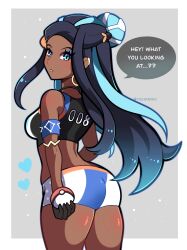  absurdres armlet artist_name ass black_hair blue_eyes blue_eyeshadow blue_hair commentary crop_top dark-skinned_female dark_skin earrings eyeshadow female gloves hair_bun highres holding holding_poke_ball hoop_earrings jewelry long_hair looking_at_viewer looking_back makeup midriff multicolored_hair nessa_(pokemon) poke_ball poke_ball_(basic) pokemon pokemon_swsh single_glove single_hair_bun solo touyarokii two-tone_hair 