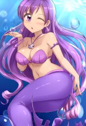  absurdres air_bubble armlet ass bare_shoulders blowing_kiss blush bracelet breasts bubble caren_(mermaid_melody_pichi_pichi_pitch) cleavage collarbone commentary drill_hair earrings female hair_between_eyes highres jewelry large_breasts light_rays long_hair looking_at_viewer mermaid mermaid_melody_pichi_pichi_pitch monster_girl navel necklace one_eye_closed open_mouth pearl_bracelet purple_eyes purple_hair purple_nails shell shell_bikini shell_earrings shell_necklace sidelocks skywalker0610 solo stomach underwater very_long_hair 