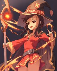  aki_(user_mxzg2544) belt black_belt black_panties brown_cape brown_hair brown_hat button_eyes buttons cape casting_spell dress female hat highres holding holding_staff kono_subarashii_sekai_ni_shukufuku_wo! mage_staff medium_hair megumin open_mouth panties red_dress red_eyes solo staff underwear witch_hat 