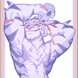  1boy bara blush cat_boy furry furry_male highres looking_at_viewer male_focus manly mature_male muscular muscular_male nimbus_(world_flipper) nose_blush nyuudles pectorals ponytail simple_background solo thick_arms upper_body white_fur world_flipper yellow_eyes 