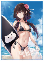  asle bare_legs bare_shoulders beach bikini black_bikini black_hair blue_sky breasts clock_eyes cowboy_shot date_a_live female flower hair_flower hair_ornament heterochromia holding holding_surfboard large_breasts long_hair midriff navel ocean outdoors red_eyes sample_watermark sand second-party_source sky summer surfboard swimsuit symbol-shaped_pupils thighs tokisaki_kurumi twintails uneven_twintails watermark yellow_eyes 