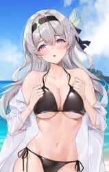  :o bare_shoulders bikini black_hairband blue_sky breasts cloud day female firefly_(honkai:_star_rail) grey_hair groin hairband head_tilt highres honkai:_star_rail honkai_(series) large_breasts long_hair looking_at_viewer matrix16 navel off_shoulder open_mouth purple_eyes side-tie_bikini_bottom sky solo stomach swimsuit upper_body very_long_hair 