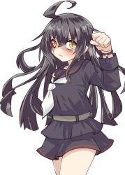  absurdres ahoge black_hair black_serafuku blood blood_on_face blush bracelet cowboy_shot crescent crescent_pin female gundam gundam_tekketsu_no_orphans highres jewelry kantai_collection kitahama_(siroimakeinu831) long_hair long_sleeves looking_at_viewer mikazuki_(kancolle) mikazuki_augus neckerchief school_uniform serafuku simple_background skirt solo white_background yellow_eyes 