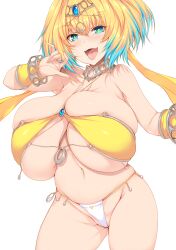  +_+ absurdres bare_shoulders bikini blonde_hair blue_eyes blue_hair blush bombergirl bracelet breasts circlet cleavage collar cosplay detached_sleeves female grim_aloe grim_aloe_(cosplay) highres huge_breasts jewelry looking_at_viewer metal_collar mismatched_bikini multicolored_hair navel pine_(bombergirl) short_hair skindentation swimsuit symbol-shaped_pupils thighs tsukasawa_takamatsu two-tone_hair veil white_bikini yellow_bikini yellow_pupils 