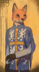  2024 5_fingers anthro black_nose blue_clothing blue_eyes canid canine clothed clothing digital_media_(artwork) doublet eyebrows fingers fox fur leprzil male mammal medieval medieval_clothing mouth_closed orange_body orange_fur pillar pupils simple_background solo standing true_fox whiskers white_body white_fur white_sclera 