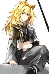  animal_ears arknights asymmetrical_sleeves black_pants black_shirt blonde_hair chinese_commentary closed_mouth commentary_request crop_top cropped_shirt crossed_legs dumenggu feet_out_of_frame female hair_intakes highres long_hair long_sleeves midriff pants shirt siege_(arknights) simple_background sitting solo uneven_sleeves white_background yellow_eyes 