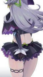  absurdres back black_capelet black_shirt black_skirt brown_gloves capelet cropped_shirt dalcom female from_behind gloves grey_hair hair_ornament hat highres hololive layered_capelet layered_skirt long_hair long_sleeves midriff murasaki_shion murasaki_shion_(1st_costume) purple_hat purple_skirt shirt simple_background skirt skirt_tug solo star_(symbol) star_hair_ornament thigh_strap thighs tilted_headwear virtual_youtuber white_background witch_hat 