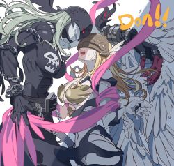  2girls against_wall angel angel_and_devil angel_wings angewomon armor assertive_female asymmetrical_clothes bare_shoulders belt black_bodysuit black_mask blonde_hair blush bodysuit breastplate breasts catsuit chains claws cleavage clothing_cutout colored_skin covered_eyes demon_girl digimon digimon_(creature) eye_contact face-to-face fallen_angel feathered_wings feathers futa_yuri_ryona gloves grey_hair grey_skin hagoromo hand_on_wall head_wings helmet helmet_over_eyes holy_ring kabedon ladydevimon large_breasts leather_suit long_hair looking_at_another mask multiple_girls multiple_wings o-ring o-ring_belt open_mouth pink_ribbon red_eyes ribbon shawl skull_print smirk stitches stomach_cutout sweatdrop torn_bodysuit torn_clothes torn_wings white_bodysuit white_feathers white_wings winged_gloves winged_helmet wings wrist_wings yuri 