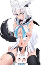  ahoge animal_ear_fluff animal_ear_piercing animal_ears aqua_eyes bare_shoulders black_footwear black_shorts black_tail black_thighhighs blue_neckerchief braid breasts cleavage commentary_request crossed_bangs detached_sleeves double-parted_bangs earrings extra_ears female fox_ears fox_girl fox_tail front_slit full_body highres hololive hood hoodie jewelry long_hair looking_at_viewer low-tied_long_hair multicolored_tail navel neckerchief pentagram sailor_collar shirakami_fubuki shirakami_fubuki_(1st_costume) short_shorts shorts side_braid sidelocks simple_background single_braid single_earring single_thighhigh sitting solo sukonbu_(shirakami_fubuki) tail tanishi_(hetianming11093) thigh_strap thighhighs virtual_youtuber wariza white_background white_hair white_hoodie white_tail wide_sleeves 