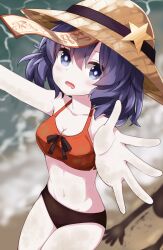  beach bikini black_ribbon blurry blurry_background blush breasts bright_pupils brown_bikini brown_hat cleavage collarbone commentary cowboy_shot drooling female hair_between_eyes hat hat_ornament highres looking_at_viewer medium_breasts medium_hair miyako_yoshika mouth_drool navel ofuda ofuda_on_head open_mouth orange_bikini outdoors outstretched_arms purple_eyes purple_hair ribbon ruu_(tksymkw) solo standing star_(symbol) star_hat_ornament swimsuit touhou white_pupils 