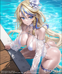  ass blonde_hair blue_eyes blue_hair braid breasts cleavage commentary_request copyright_name cuboon day evertale female flower hair_flower hair_ornament highres king_arthur_(evertale) large_breasts leg_up logo long_hair long_sleeves looking_at_viewer multicolored_hair o-ring o-ring_swimsuit official_art outdoors parted_lips partially_submerged pool poolside see-through shiny_skin solo swimsuit thigh_strap thighs water water_drop wet wet_clothes 