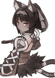  animal_ear_fluff animal_ears bare_shoulders bell breasts cat_ears cat_tail dark-skinned_female dark_skin detached_sleeves female greyscale hair_ribbon hairband highres jingle_bell long_hair looking_at_viewer looking_back monochrome neck_bell nekomiya_mana nosuku ponytail ribbon shirt sleeveless sleeveless_shirt small_breasts solo tail weapon zenless_zone_zero 