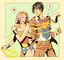  ! 1boy black_hair clothes_writing commentary_request cosplay crossover dc_comics female green_eyes halftone heart naruto naruto_(series) necktie pink_hair rope sakura_haruno samurai-pet superhero_costume superman superman_(cosplay) superman_(series) uchiha_sasuke western_comics_(style) wonder_woman wonder_woman_(cosplay) wonder_woman_(series) 