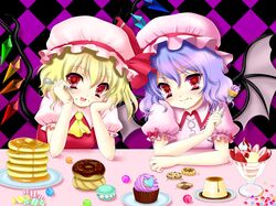  2girls bad_id bad_pixiv_id cupcake doughnut flandre_scarlet food fork momose_rin multiple_girls pudding remilia_scarlet siblings sisters touhou 