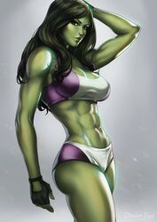  abs arm_up artist_name avengers bare_arms bare_legs bare_shoulders breasts cleavage cowboy_shot dandon_fuga female female fingerless_gloves green_eyes green_hair green_skin highres jennifer_walters large_breasts legs lips long_hair looking_at_viewer marvel matching_hair/eyes midriff muscle navel parted_lips she-hulk shiny shiny_skin shorts simple_background sleeveless smile solo sports_bra standing thighs watermark web_address 