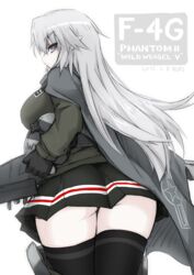  airplane_wing bad_id bad_pixiv_id black_thighhighs coat dakku_(ogitsune) english_text f-4_phantom_ii female gloves grey_eyes grey_hair grey_jacket jacket leaning_forward long_hair machinery mecha_musume military military_jacket military_uniform miniskirt original panties pantyshot pointy_ears skirt solo standing thighhighs underwear uniform wings 