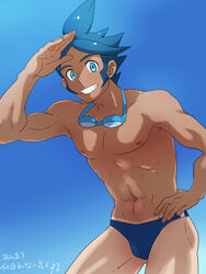  1boy @@@ bad_id bad_pixiv_id blue_eyes blue_hair bulge dark-skinned_male dark_skin goggles grin hand_on_own_hip male_focus male_swimwear marlon_(pokemon) muscular navel pokemon pokemon_bw2 smile solo swim_briefs tan topless_male translation_request 