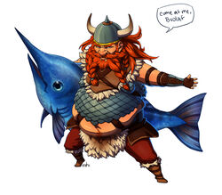  1boy alternate_costume armor artist_name beard boots braid braided_beard commentary_request english_text facial_hair fat fat_man fish full_body gragas helmet highres irahi league_of_legends long_hair male_focus orange_hair photoshop_(medium) simple_background solo swordfish viking white_background 