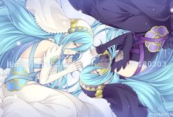  2girls anklet azura_(fire_emblem) azura_(performing_arts)_(fire_emblem) blue_hair commentary_request dual_persona fire_emblem fire_emblem_fates fire_emblem_heroes hiyori_(rindou66) jewelry long_hair multiple_girls veil water yellow_eyes 