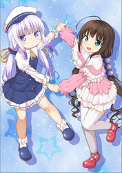  2girls :d :o absurdres ahoge alternate_hairstyle beret blue_dress blue_eyes blue_footwear blunt_bangs blush bobby_socks brown_hair capelet commentary_request cosplay costume_switch crossover dress grey_hair hat highres hinatsuru_ai hinatsuru_ai_(cosplay) holding_hands kanna_kamui kanna_kamui_(cosplay) kobayashi-san_chi_no_maidragon layered_sleeves long_hair long_sleeves looking_at_viewer low_twintails miyabi_(miyabeeya) multiple_girls open_mouth parted_lips pink_dress puffy_long_sleeves puffy_short_sleeves puffy_sleeves red_footwear ryuuou_no_oshigoto! school_uniform shoes short_over_long_sleeves short_sleeves sidelocks smile socks thighhighs twintails very_long_hair white_capelet white_hat white_thighhighs 