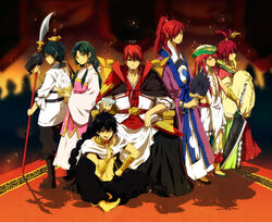  3girls 4boys black_hair brother_and_sister brothers cape chinese_clothes commentary cousins hair_rings hair_tubes hanfu hat indian_style judal magi_the_labyrinth_of_magic multiple_boys multiple_girls nuriko-kun photoshop_(medium) ponytail red_hair ren_hakuei ren_hakuryuu ren_kouen ren_kougyoku ren_kouha ren_koumei siblings sitting standing weapon 