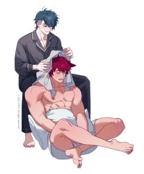  2boys abs adjusting_another&#039;s_hair aphelios bandaid bandaid_on_face bandaid_on_nose bara black_eyes blush couple drying drying_hair full_body happy highres hugging_object league_of_legends male_focus multiple_boys muscular muscular_male nipples pajamas pectorals pillow pillow_hug red_hair sett_(league_of_legends) short_hair short_shorts shorts sitting smile thick_eyebrows topless_male undercut yaoi yotti 