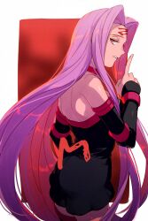  back bare_shoulders black_dress breasts collar detached_sleeves dress echo_(circa) facial_mark fate/stay_night fate_(series) female forehead forehead_mark index_finger_raised large_breasts long_hair looking_at_viewer looking_back medusa_(fate) medusa_(rider)_(fate) parted_bangs purple_eyes purple_hair short_dress sidelocks solo thighhighs thighs very_long_hair 