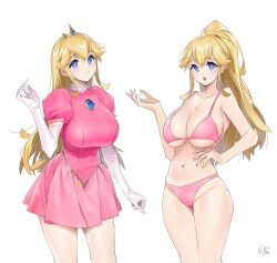  2girls alternate_costume bikini blonde_hair blue_brooch blue_eyes breasts cleavage crown dress dual_persona elbow_gloves gloves hand_on_own_hip hand_up highres large_breasts light_blush long_hair looking_at_viewer mario_(series) multiple_girls navel open_mouth pink_bikini pink_dress pink_pupils ponytail princess_peach puffy_short_sleeves puffy_sleeves sepo_(mito609) short_dress short_sleeves sidelocks smile swimsuit white_gloves 