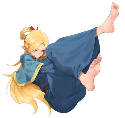  absurdres barefoot belt blonde_hair blue_capelet blue_robe blush braid brown_belt capelet dungeon_meshi eyelashes feet female foot_focus forehead full_body green_eyes hair_ribbon highres hood hood_down hooded_capelet hugging_own_legs knees_together_feet_apart legs_up long_hair long_sleeves looking_at_viewer marcille_donato morinosuke parted_bangs pointy_ears red_ribbon ribbon robe simple_background soles solo toe_scrunch toenails toes very_long_hair white_background 