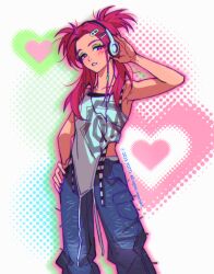  blue_pants character_request collarbone denim eyeshadow female green_eyeshadow hand_on_own_hip headphones highres jeans league_of_legends long_hair looking_at_viewer makeup pants parted_lips red_hair shirt solo white_shirt y2k_(fashion) yotti 