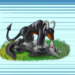  1:1 ambiguous/ambiguous ambiguous_gender anthro anthro_on_feral black_body black_eyes brown_body duo feral fur glistening glistening_eyes grass grey_body grey_fur leg_markings markings nintendo nude plant pokemon red_eyes side_view socks_(marking) species_request yaoifairy zoophilia 