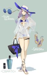  alternate_costume bag bikini choker cosmetics female full_body handbag hat highres honkai:_star_rail honkai_(series) ikenotori jade_(honkai:_star_rail) large_hat long_sleeves o-ring o-ring_choker purple_bikini purple_hair sandals see-through see-through_shirt see-through_sleeves shirt solo sunglasses swimsuit toeless_footwear toes white_hat 