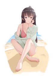  absurdres barefoot beach black_eyes black_hair bra closed_mouth collarbone collared_shirt feet female green_shirt head_rest highres hliroha long_hair looking_at_viewer on_ground open_clothes open_shirt red_bra shirt single_bare_shoulder sitting solo suou_yuki toes tokidoki_bosotto_roshia-go_de_dereru_tonari_no_alya-san underwear 