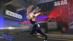  2017 3d_(artwork) anthro artist_name belt belt_pouch black_belt black_eyebrows blue_bottomwear blue_clothing blue_pants blue_shirt blue_topwear blurred_background bottomwear car city clothing colored digital_media_(artwork) disney eyebrows female grey_body grey_ears grey_tail gun handgun hi_res holding_object holding_weapon jiant101 judy_hopps lagomorph leporid logo mammal pants pink_inner_ear pink_nose pistol police police_car police_uniform police_vehicle purple_eyes rabbit ranged_weapon running scut_tail shirt shooting shooting_gun short_tail solo source_filmmaker_(artwork) tail topwear uniform vehicle weapon zootopia 