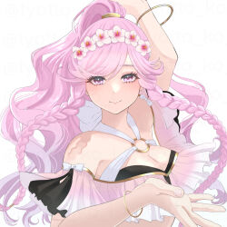  bikini braid breasts cleavage closed_mouth female fire_emblem fire_emblem_awakening fire_emblem_heroes frilled_bikini frills gradient_bikini gradient_clothes highres large_breasts long_hair looking_at_viewer official_alternate_costume olivia_(fire_emblem) olivia_(summer)_(fire_emblem) pink_bikini pink_eyes pink_hair ponytail smile solo swimsuit twin_braids tyotto_ko_i upper_body white_background white_bikini 