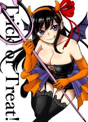  :q absurdres bare_shoulders black_hair black_thighhighs breasts cleavage collarbone commentary_request corset demon_tail demon_wings elbow_gloves english_text female foot_out_of_frame garter_straps gloves hairband hajimete_no_ojou-sama highres holding_trident horn_hairband lace-trimmed_thighhighs large_breasts leg_up long_hair looking_at_viewer ojou_kotone orange_gloves orange_hairband orange_lili orange_skirt purple_eyes purple_skirt red_ribbon ribbon showgirl_skirt simple_background skirt solo straight_hair swept_bangs tail thighhighs tongue tongue_out trick_or_treat two-tone_skirt white_background wings 