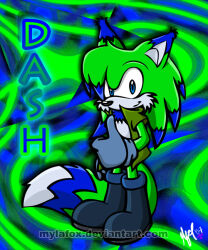  2007 5:6 abstract_background anthro blue_body blue_eyes blue_fur cheek_tuft clothed clothing dated dipstick_ears ear_markings facial_tuft fur gesture glistening glistening_eyes green_body green_fur hand_gesture looking_at_viewer male mouth_closed multicolored_ears mylafox signature solo standing thumbs_up tuft white_body white_fur 