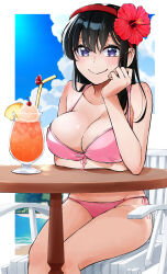  absurdres arm_under_breasts beach beach_chair bikini black_hair blue_sky blush border breasts cleavage closed_mouth cloud cloudy_sky collarbone commentary_request cowboy_shot drink drinking_straw female flower flower_hairband front-tie_bikini_top front-tie_top hairband hajimete_no_ojou-sama head_rest highres large_breasts long_hair looking_at_viewer ojou_kotone orange_lili outside_border pink_bikini purple_eyes red_flower red_hairband side-tie_bikini_bottom sitting sky smile solo straight_hair swimsuit table white_border wooden_table 