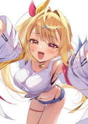  absurdres ahoge blonde_hair blue_shorts blush breasts collarbone equal_(heartstrings) female hair_intakes hair_ornament heart heart_in_eye heterochromia highleg highleg_panties highres hoshikawa_sara hoshikawa_sara_(1st_costume) jacket large_breasts long_hair looking_at_viewer micro_shorts nijisanji oerba_yun_fang one_side_up open_mouth outstretched_arms panties panty_straps pink_eyes shirt shorts side_ponytail simple_background skin_fang smile solo symbol_in_eye tank_top thigh_strap tied_shirt underwear virtual_youtuber white_background white_jacket white_tank_top x_hair_ornament yellow_eyes 