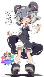  animal_ears black_footwear bloomers blush brown_eyes cookie_(touhou) dangomushi fate/grand_order fate_(series) female full_body grey_hair helmet jeanne_d&#039;arc_alter_(fate) long_sleeves looking_at_viewer mouse_ears mouse_tail nazrin nyon_(cookie) open_mouth red_ribbon ribbon saint_quartz_(fate) shadow shirt simple_background solo speech_bubble stellated_octahedron tail touhou translation_request white_background white_bloomers white_shirt 