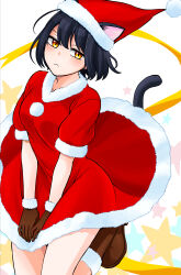  :&lt; absurdres animal_ears black_hair boots breasts brown_footwear brown_gloves cat_ears cat_girl cat_tail christmas commentary_request dress female foot_out_of_frame fur-trimmed_boots fur-trimmed_dress fur-trimmed_gloves fur-trimmed_headwear fur_trim gloves hat highres leg_up looking_at_viewer medium_breasts orange_lili original red_dress red_hat santa_dress santa_hat short_hair short_sleeves skirt skirt_tug solo starry_background tail white_background yellow_eyes 