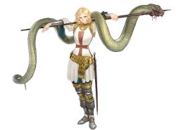  absurdres armor armored_boots blonde_hair blood blue_ribbon boots christian_mythology closed_mouth cross_print female full_body genderswap_(mtf) gold_belt highres holding holding_polearm holding_weapon medium_hair original over_shoulder polearm ribbon rule_63 saint_george sheath sheathed simple_background smile snake solo sword wass_nonnam weapon weapon_over_shoulder white_background 