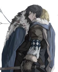  2boys aqua_cape arm_around_waist armor armored_gloves arrow_(projectile) arrow_in_body black_armor black_fur black_gloves black_hair blonde_hair blood blood_on_clothes blood_on_face blue_cape blue_tunic cape covered_face dimitri_alexandre_blaiddyd dried_blood felix_hugo_fraldarius fire_emblem fire_emblem:_three_houses fur-trimmed_cape fur_trim fur_wrist_cuffs gloves head_on_another&#039;s_shoulder highres holding holding_sword holding_weapon hug injury krank leaning_on_person leather_armor looking_down male_focus multiple_boys orange_eyes patterned_clothing pauldrons profile rerebrace scabbard sheath shoulder_armor single_pauldron sword tunic upper_body weapon white_fur wrist_cuffs 