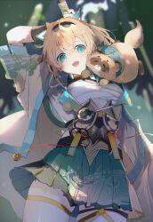  absurdres aqua_eyes arm_up blonde_hair breasts chest_sarashi commentary_request covered_navel female green_skirt hair_ornament haori highres holding holding_sword holding_weapon hololive japanese_clothes katana kazama_iroha kazama_iroha_(1st_costume) leaf_hair_ornament looking_at_viewer miniskirt momochi_tamalu open_mouth pleated_skirt pokobee sarashi short_hair shrug_(clothing) skirt small_breasts solo sword thigh_strap thighhighs virtual_youtuber weapon white_thighhighs 